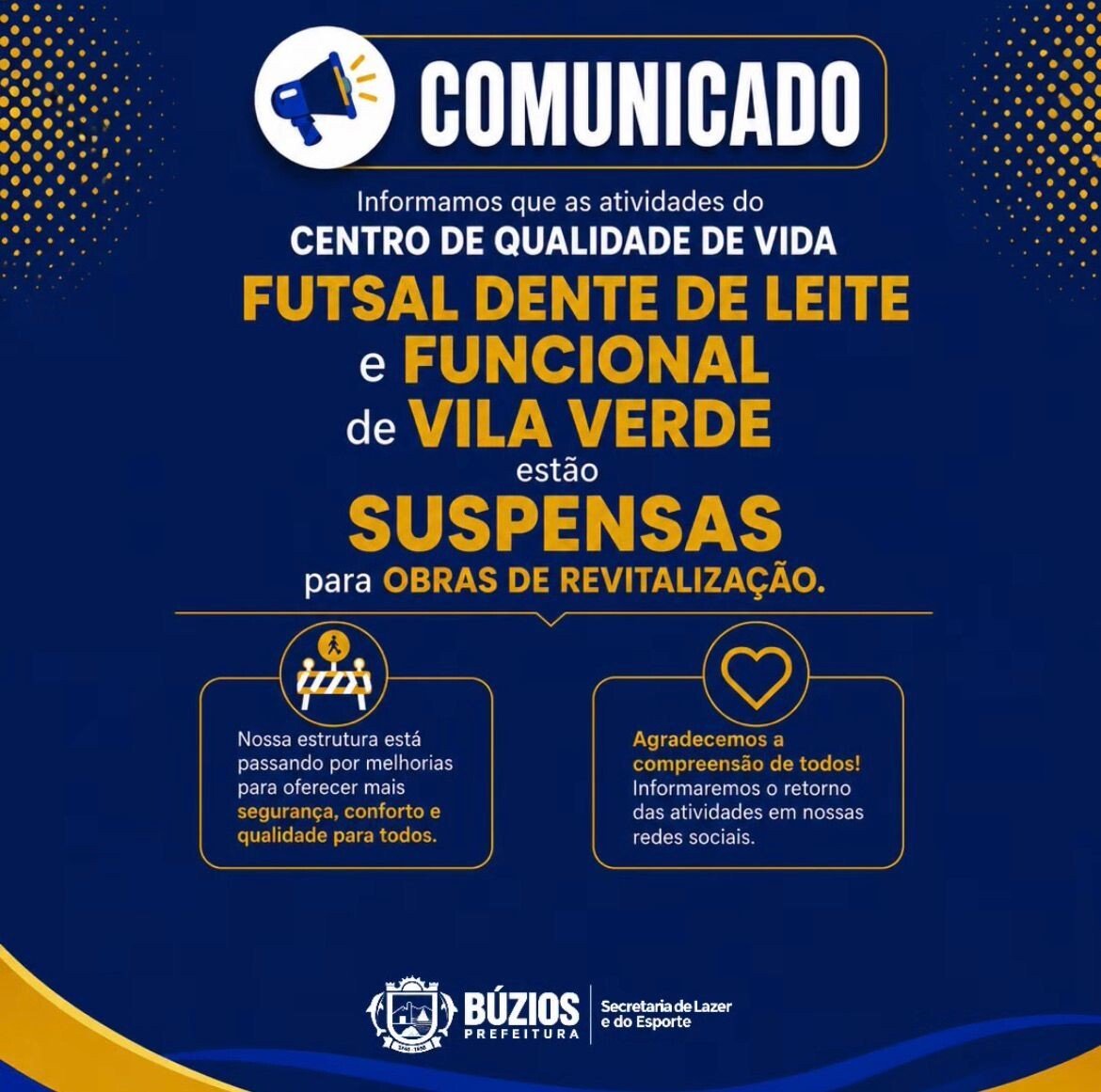 Búzios suspende atividades esportivas no Centro de Qualidade de Vida do Vila Verde