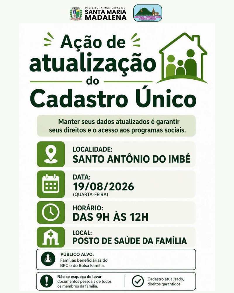 Santa Maria Madalena terá atualização do CadÚnico em Santo Antônio do Imbé