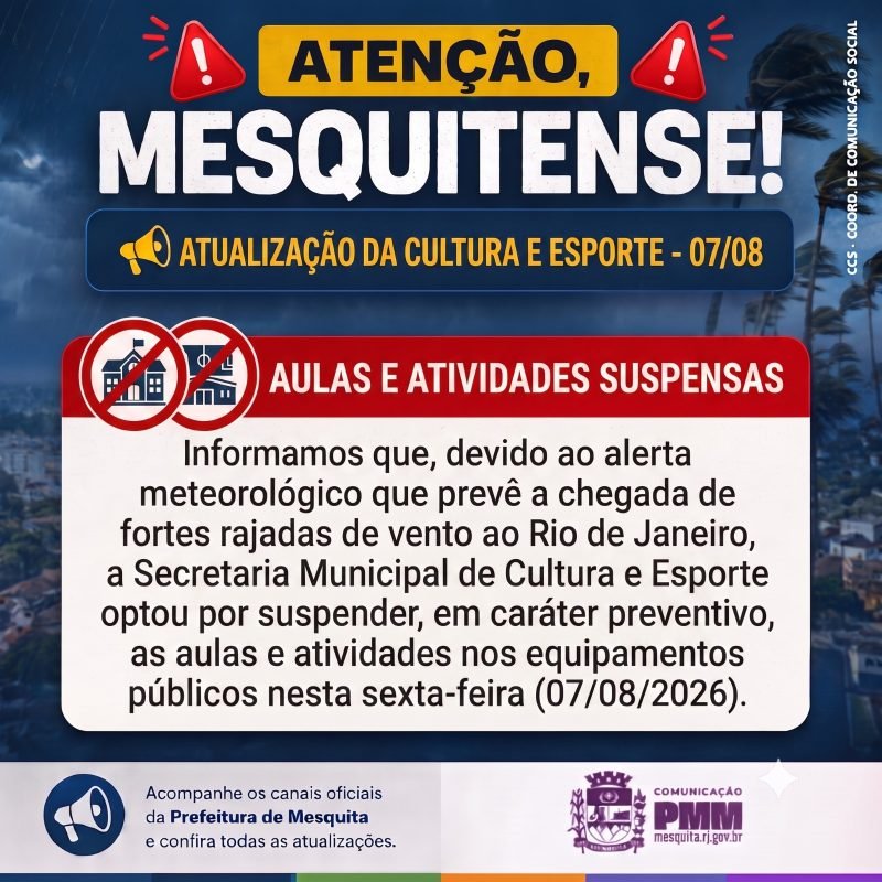 Mesquita suspende atividades de Cultura e Esporte nesta sexta-feira (7)