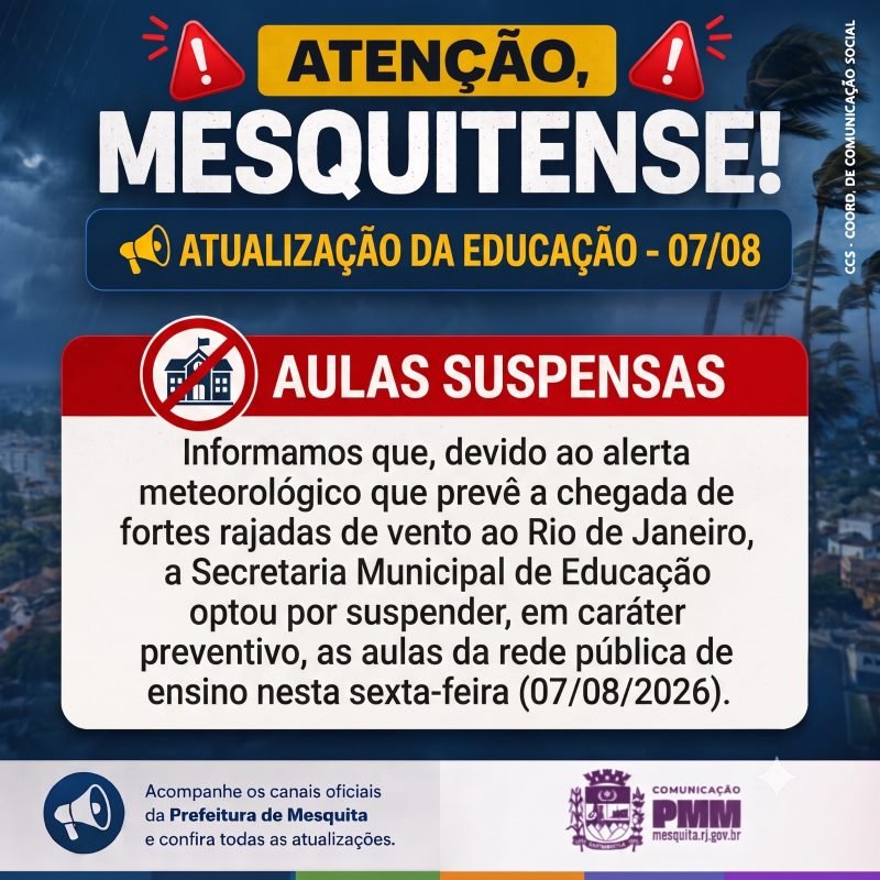 Mesquita suspende aulas da rede pública nesta sexta-feira (7)