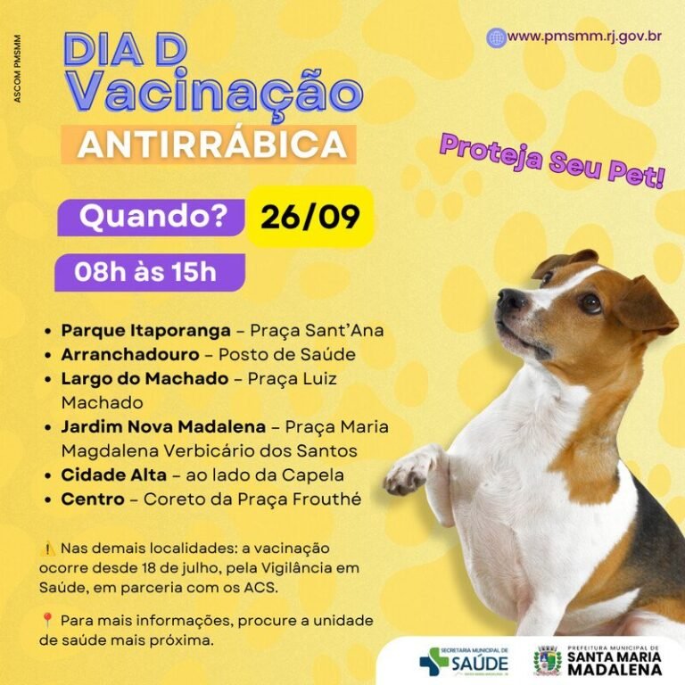 Santa Maria Madalena terá Dia D de vacinação antirrábica em 26 de setembro