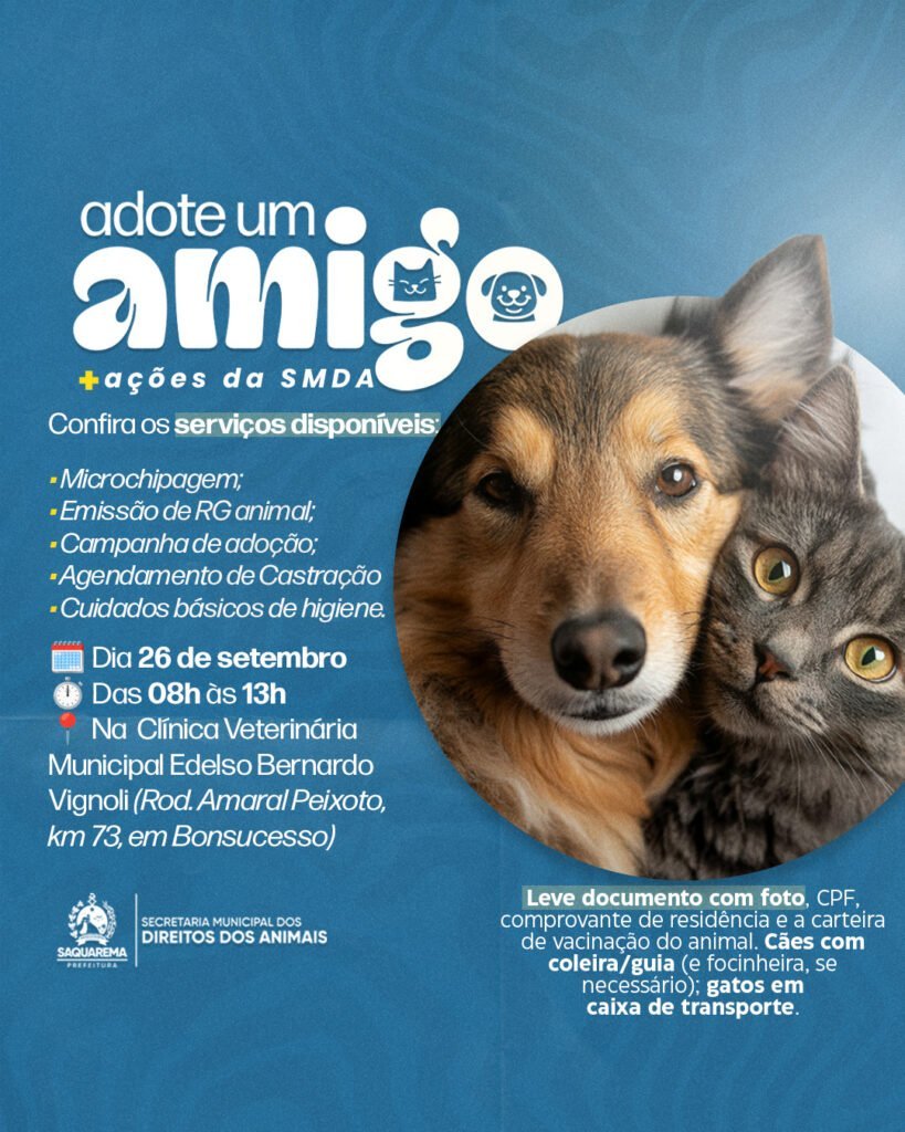 Saquarema oferece serviços gratuitos para cães e gatos no dia 26 em Bonsucesso