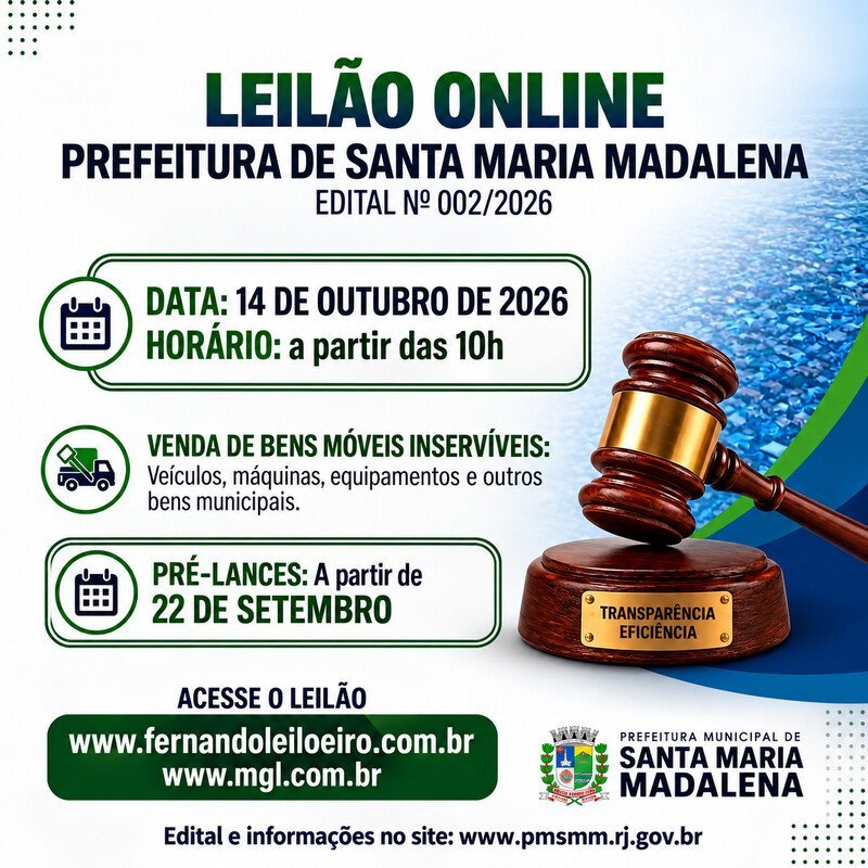Santa Maria Madalena fará leilão online de 41 bens em 14 de outubro