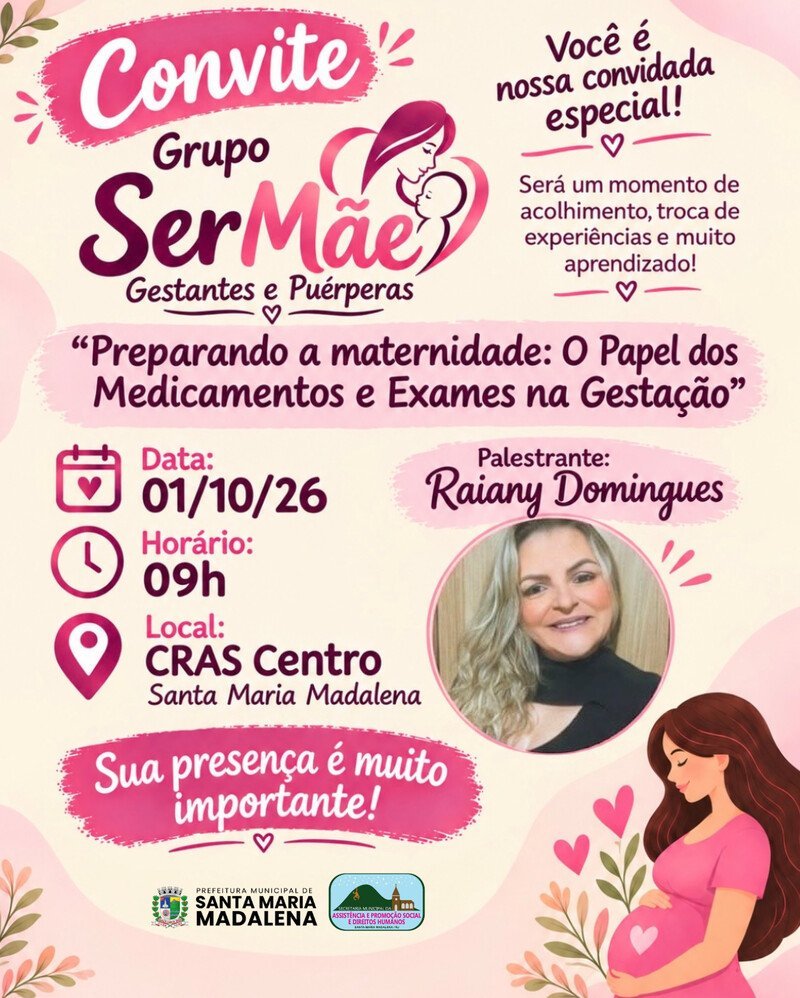 Santa Maria Madalena terá encontro para gestantes e puérperas no CRAS Centro
