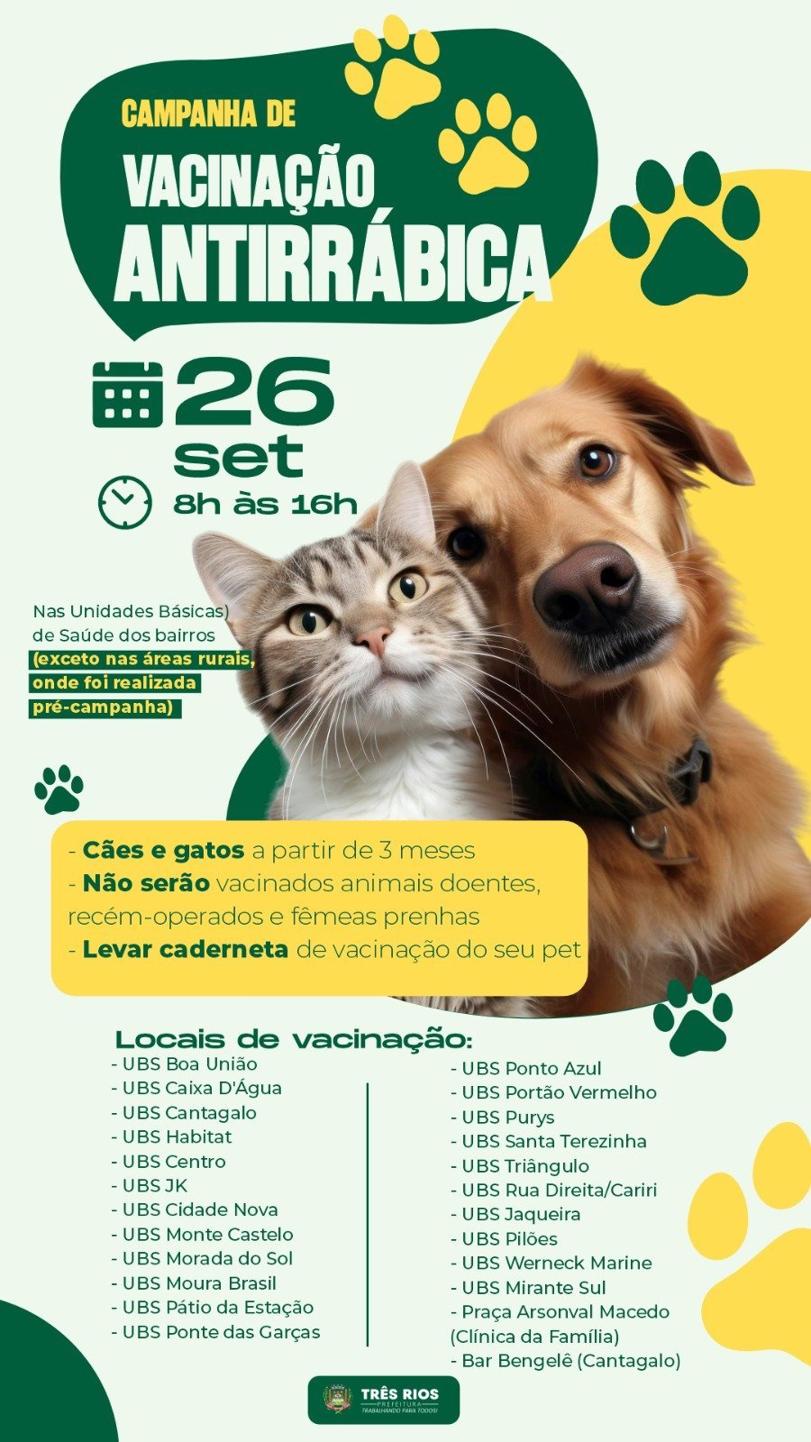 Três Rios vacina cães e gatos contra a raiva neste sábado, das 8h às 16h