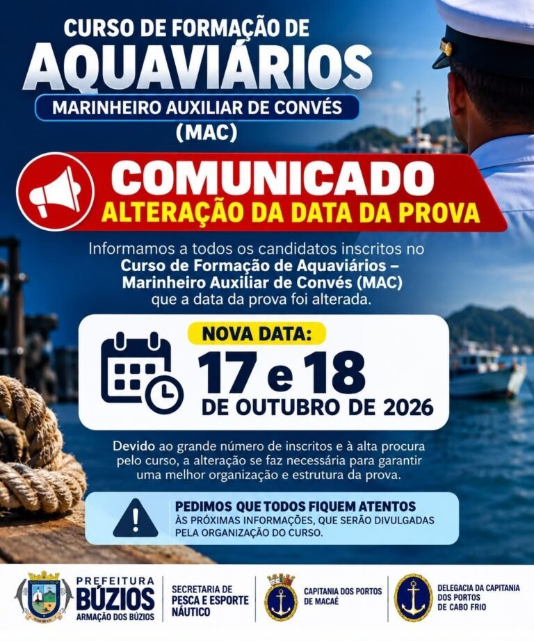 Búzios transfere prova do curso gratuito de aquaviários para 17 e 18 de outubro