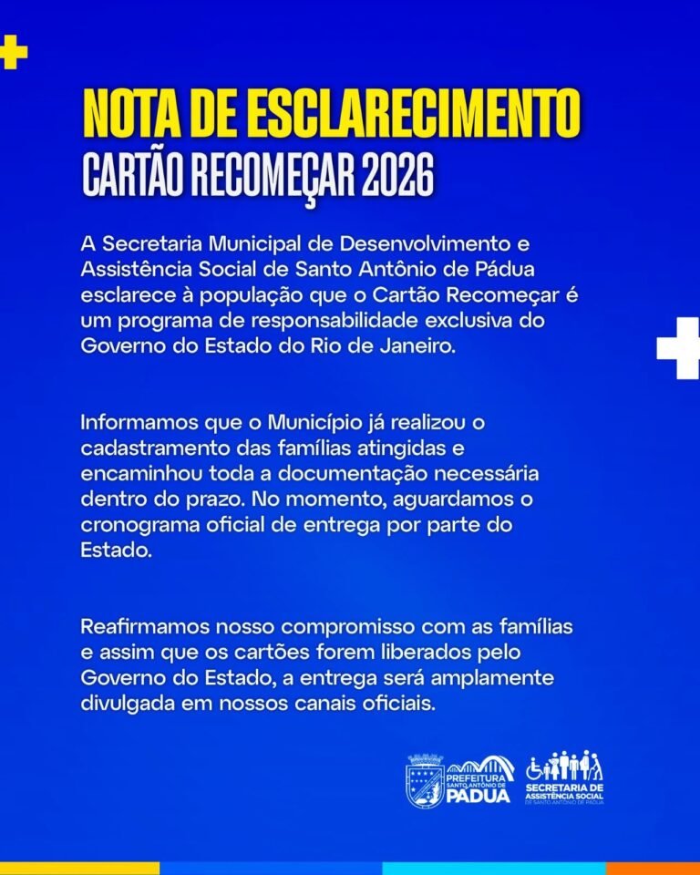Santo Antônio de Pádua aguarda cronograma do Estado para entrega do Cartão Recomeçar