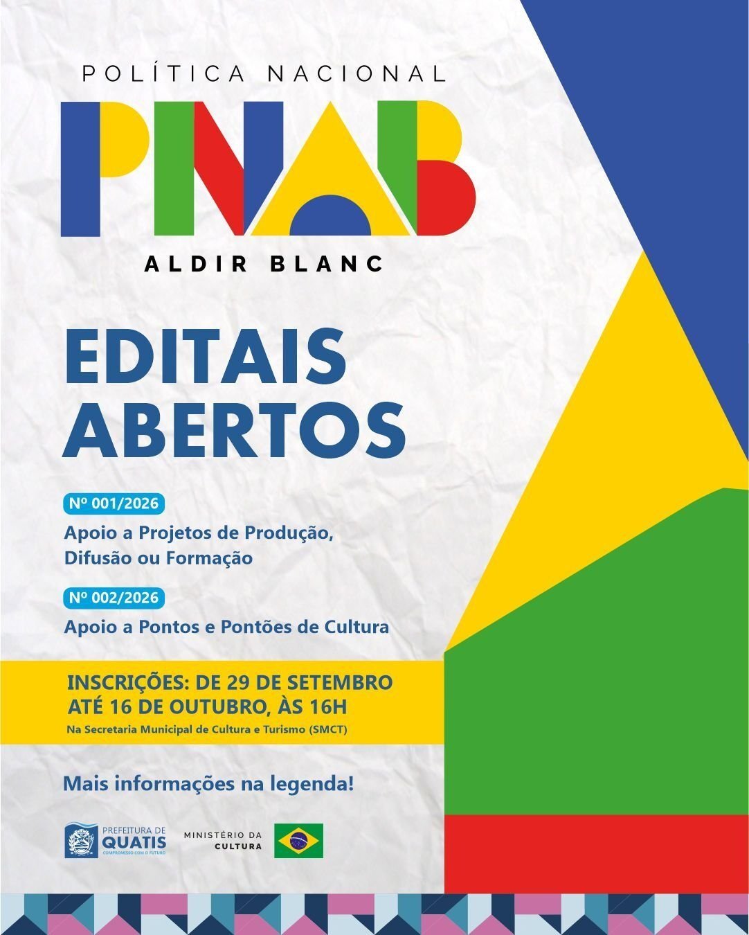 Quatis abre inscrições para apoio a projetos culturais e premiação de pontos de cultura