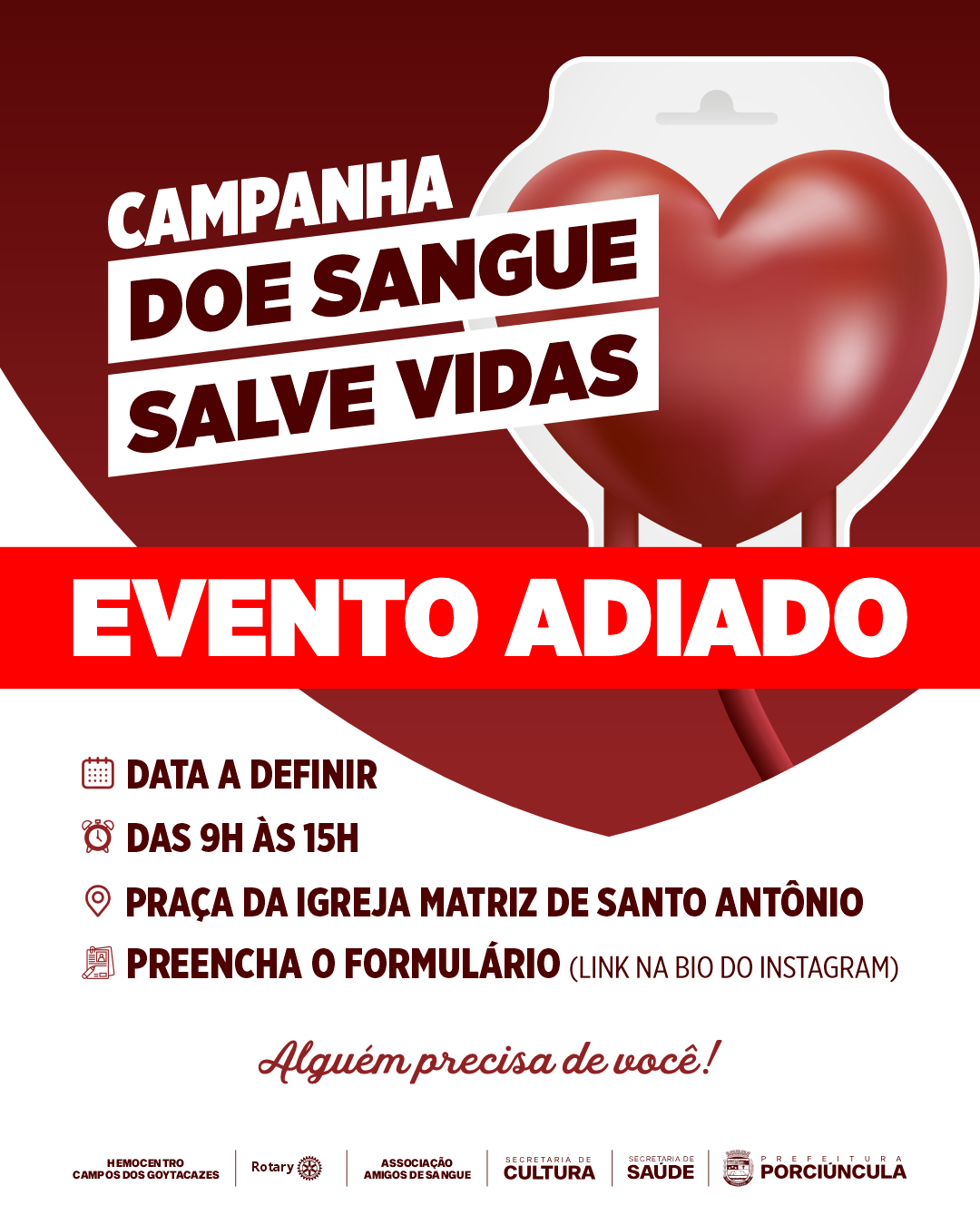 Campanha de doação de sangue de 29 de setembro é adiada em Porciúncula