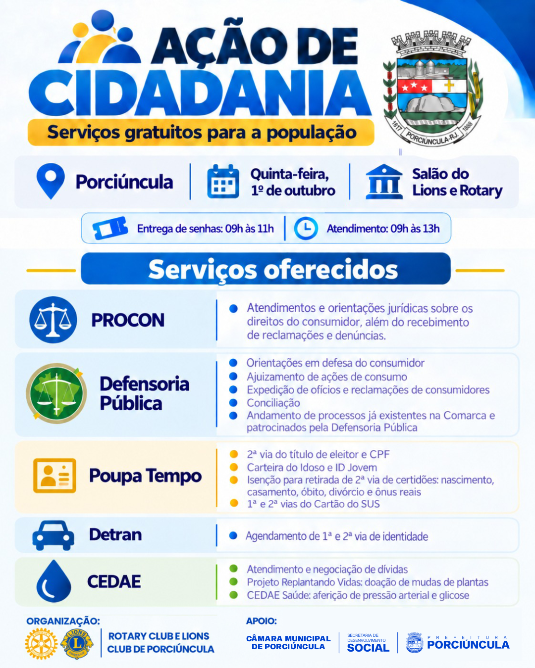 Porciúncula terá serviços gratuitos de documentação e orientação jurídica nesta quinta-feira