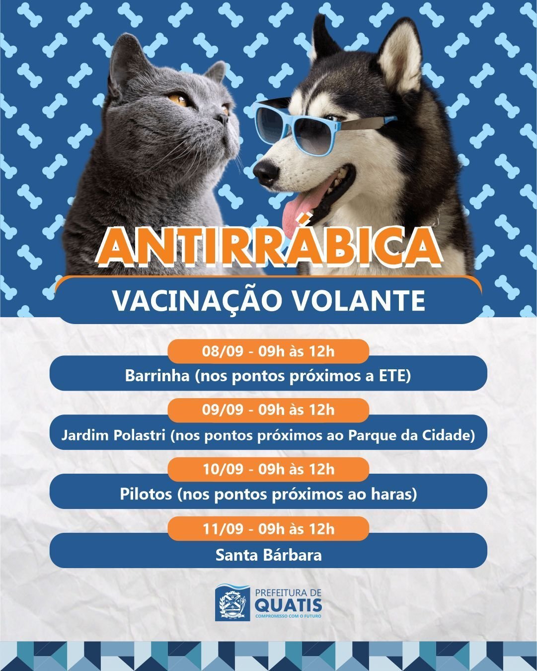 Quatis leva vacinação antirrábica a quatro bairros na próxima semana