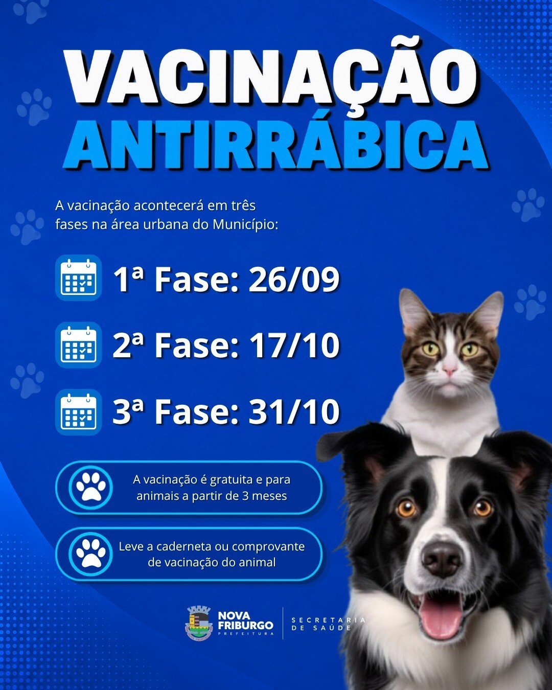 Nova Friburgo terá vacinação gratuita contra a raiva para cães e gatos em três etapas