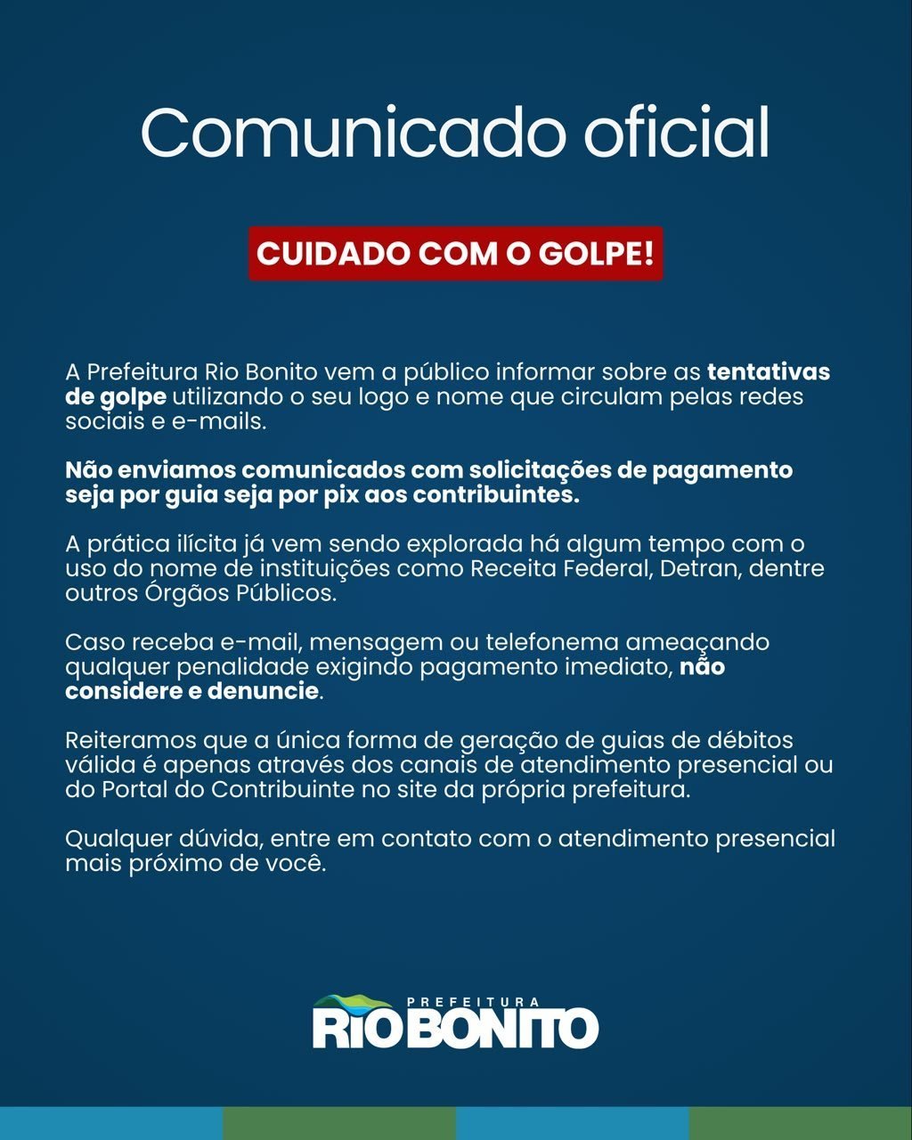 Rio Bonito alerta contribuintes sobre falsas cobranças em nome do município