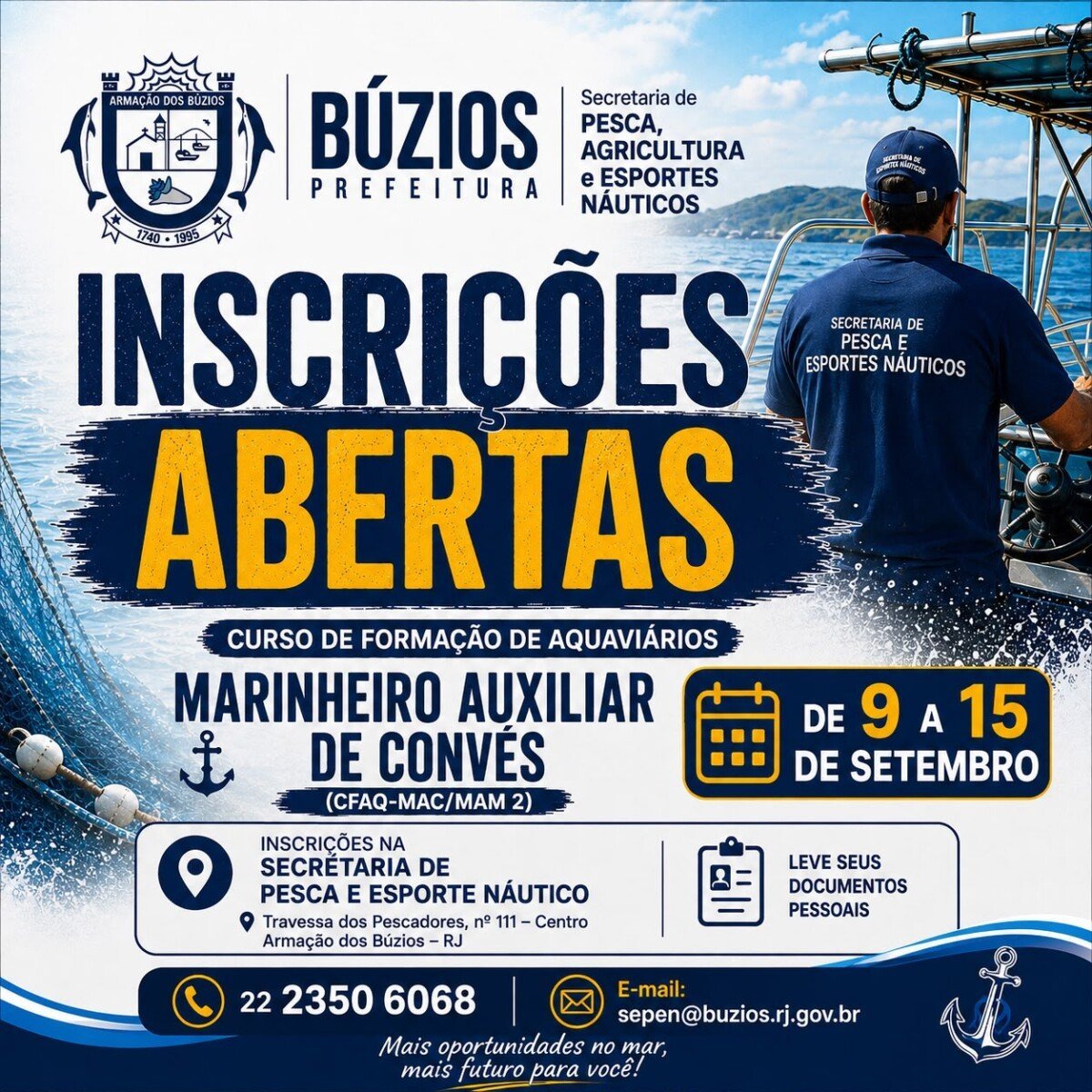 Búzios recebe inscrições para formação de aquaviários até 15 de setembro