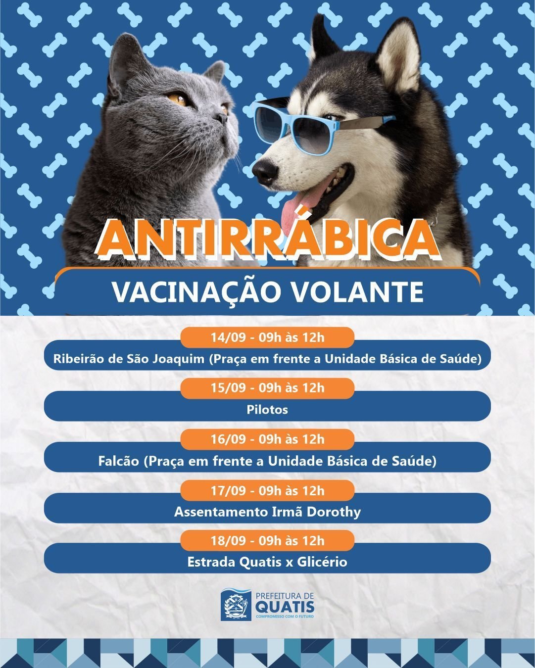 Quatis terá vacinação antirrábica volante de 14 a 18 de setembro