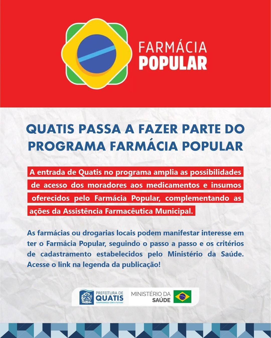 Quatis tem vaga para credenciamento de farmácia no Farmácia Popular