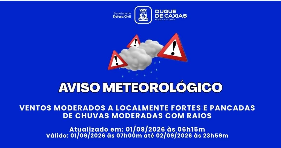 Duque de Caxias tem alerta para ventos e chuva com raios nesta terça