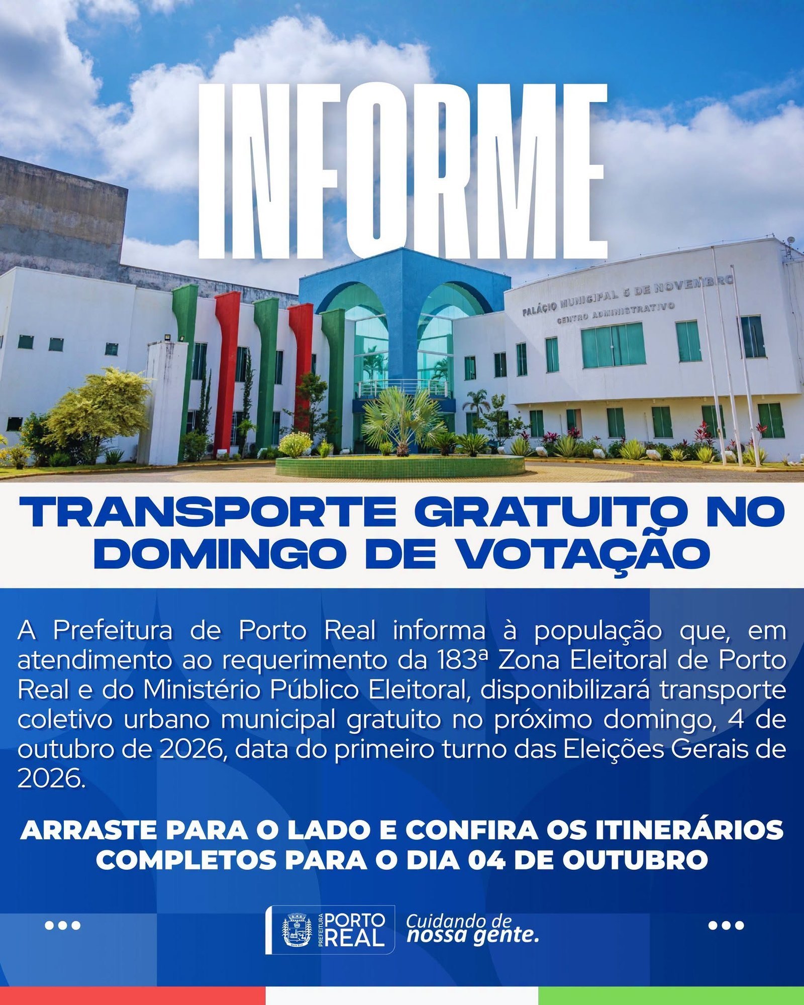 Porto Real terá transporte gratuito no domingo de votação; confira os horários